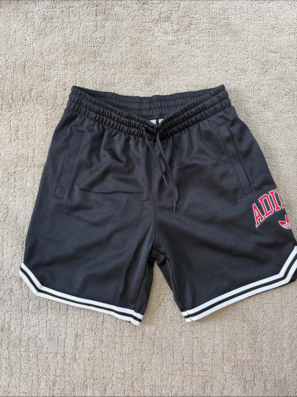NWOT adidas Black Athletic Mesh Shorts with White Trim and Red Logo